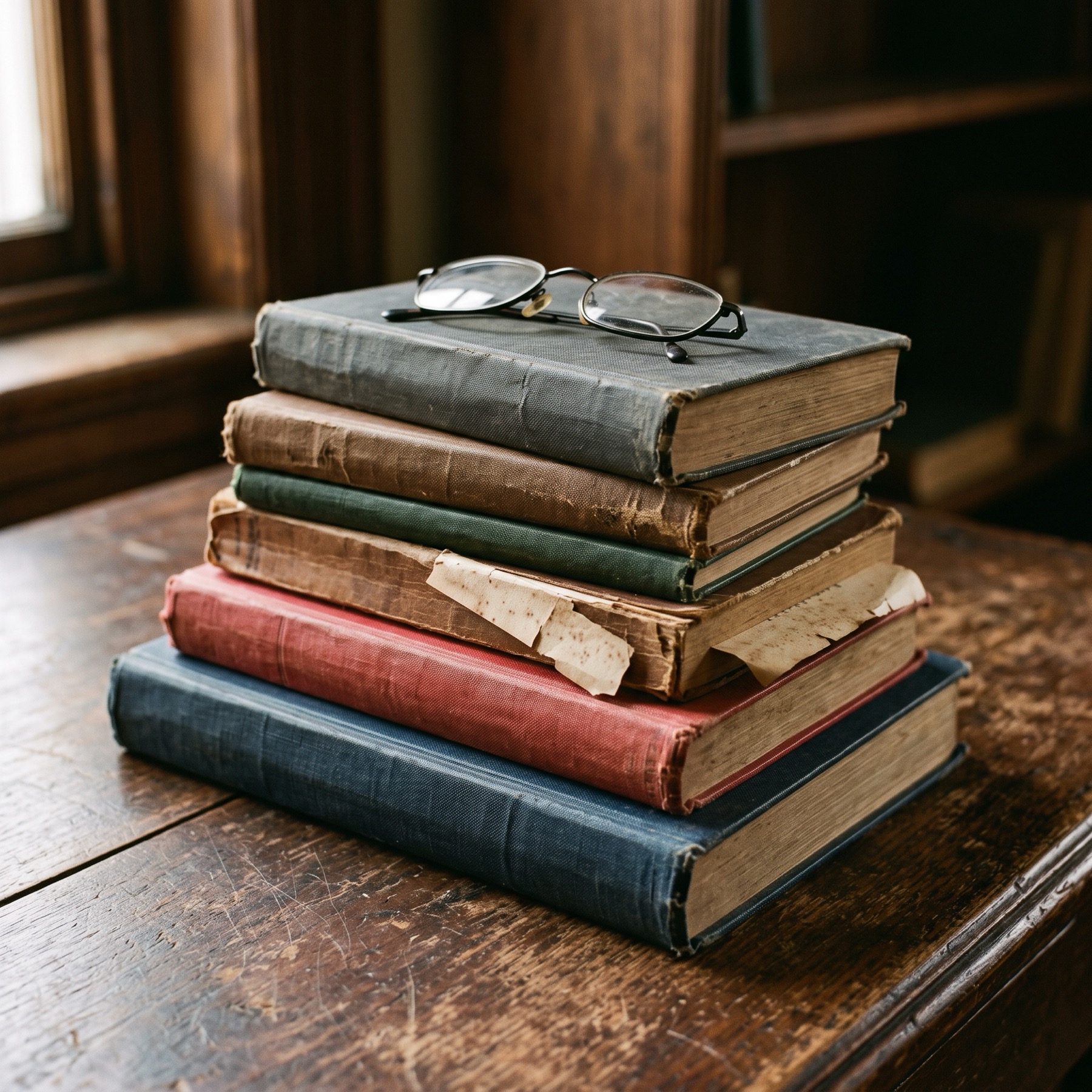 A stack of worn books