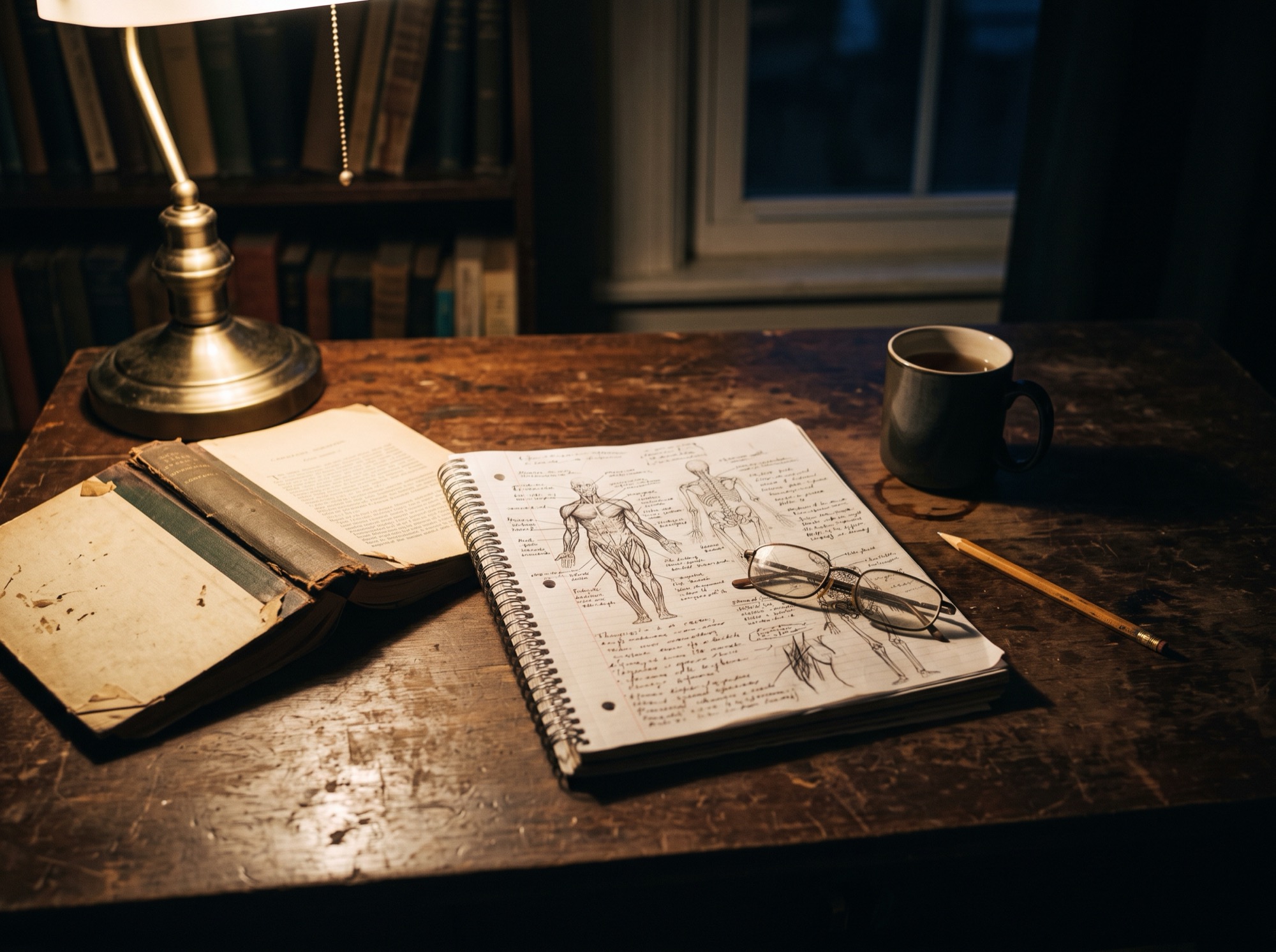 A worn book, handwritten anatomy notes, reading glasses and cold tea on a desk at night