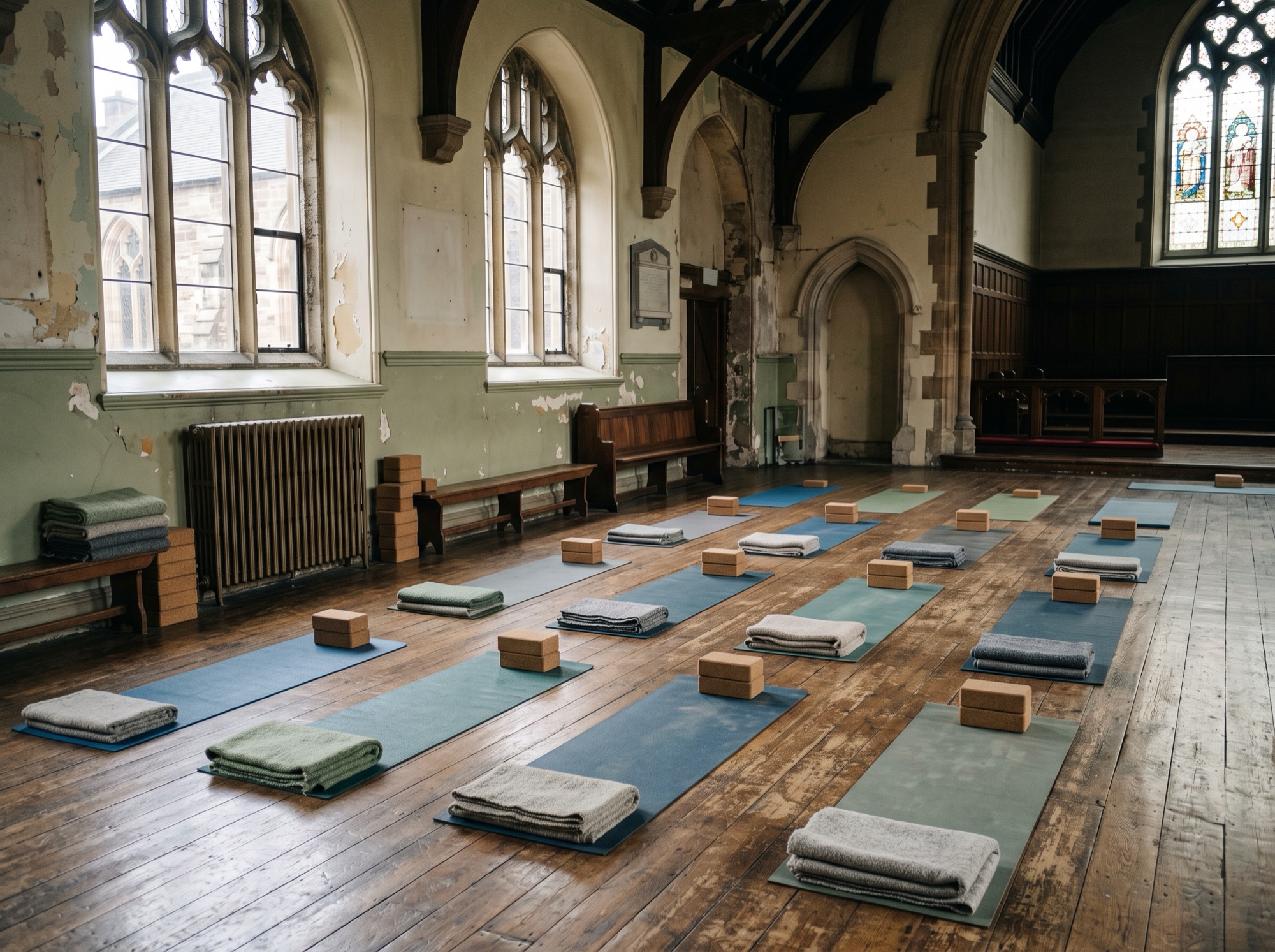 Mats and blankets laid out in an empty hall