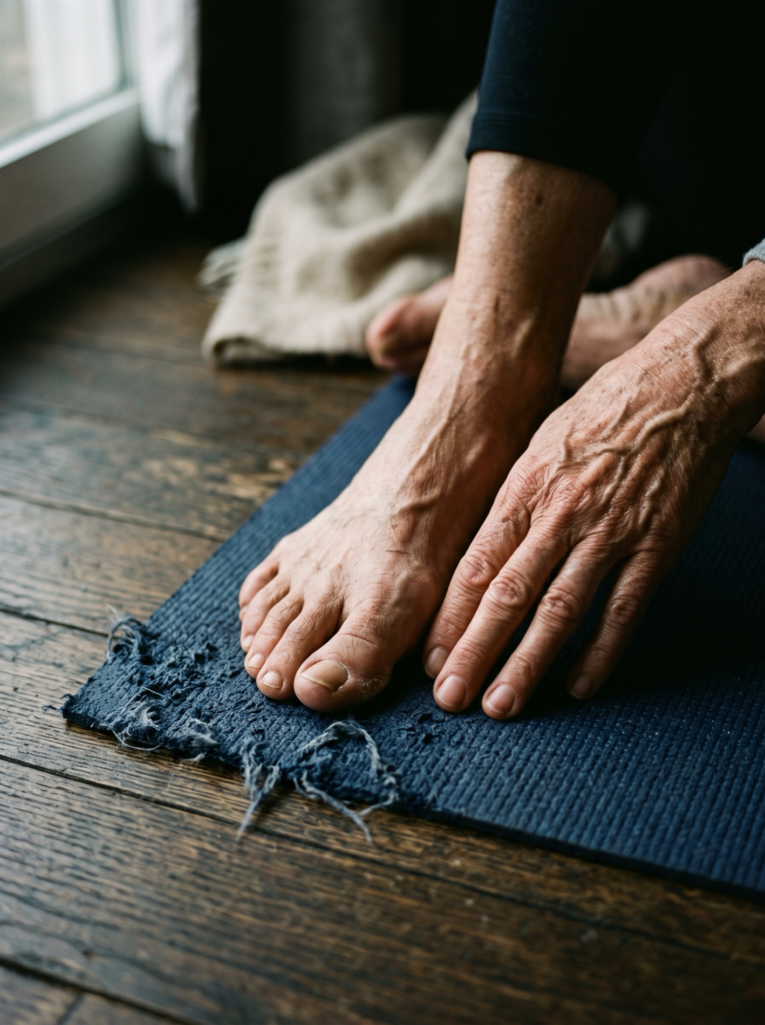 An older teacher's hands and bare feet at the frayed edge of a well-used mat