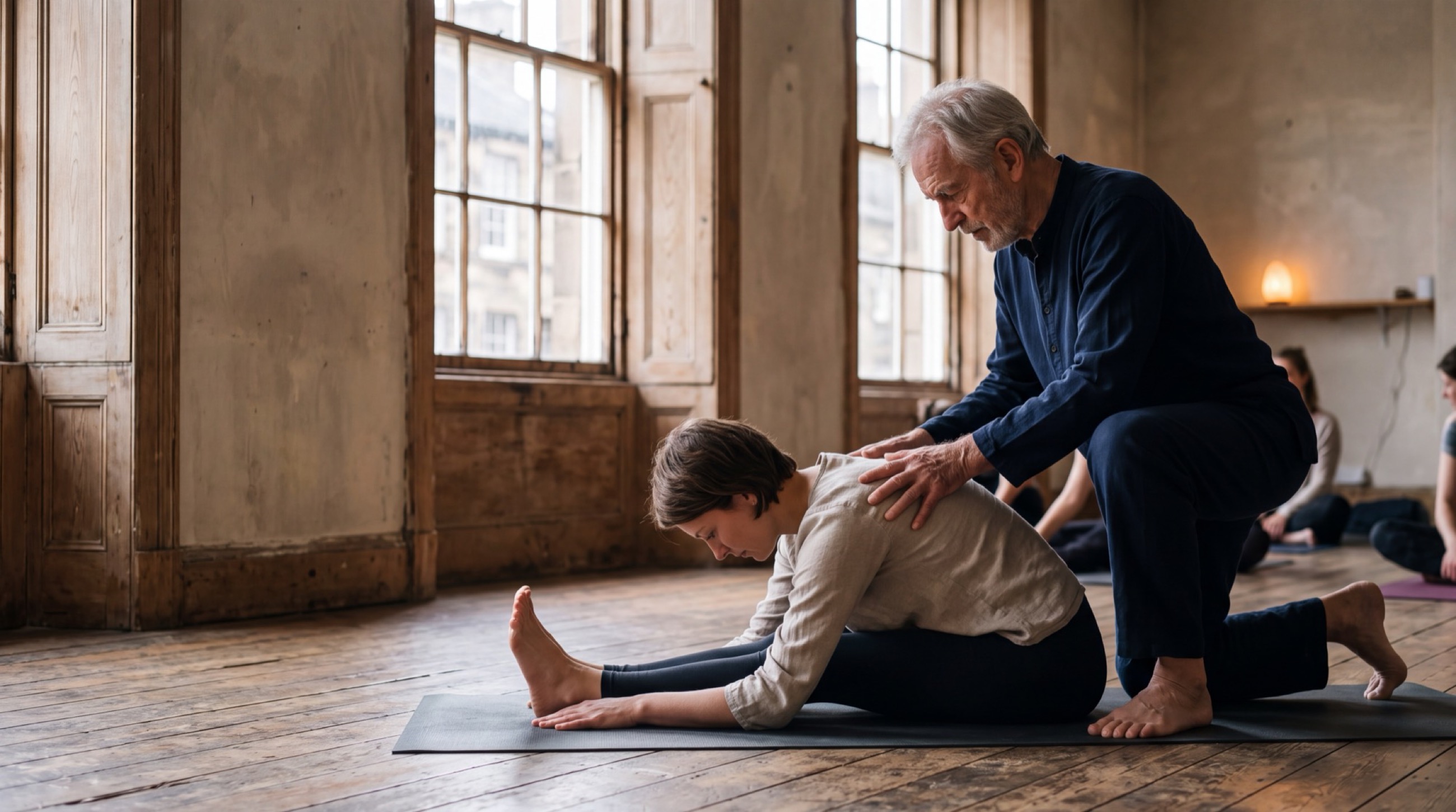 Brian Cooper adjusting a student in a seated forward fold in an Edinburgh hall
