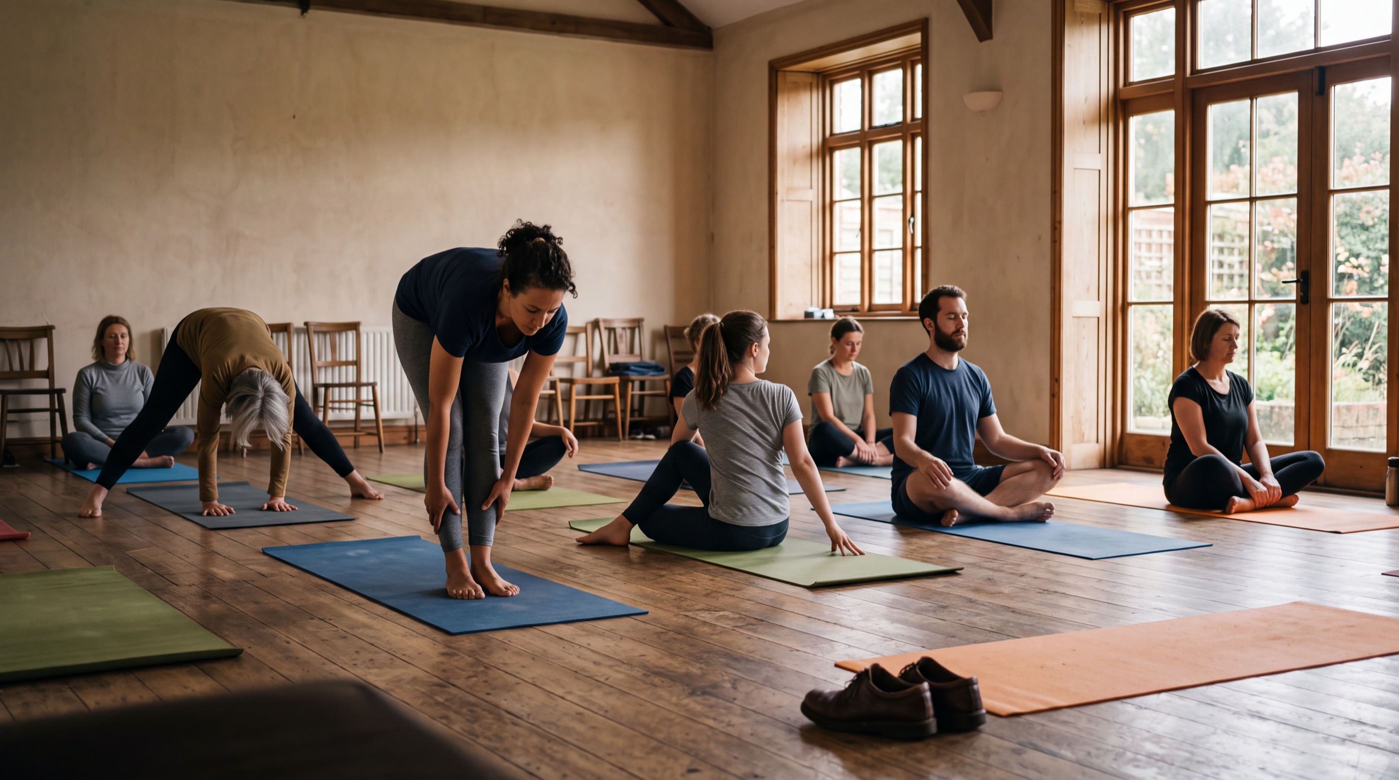 A beginners’ yoga class in a community hall, students on their mats in the morning light